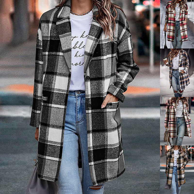 Chic Ladies' Coat with Pockets in Stylish Check Pattern - 2 - London-stylehouse.com