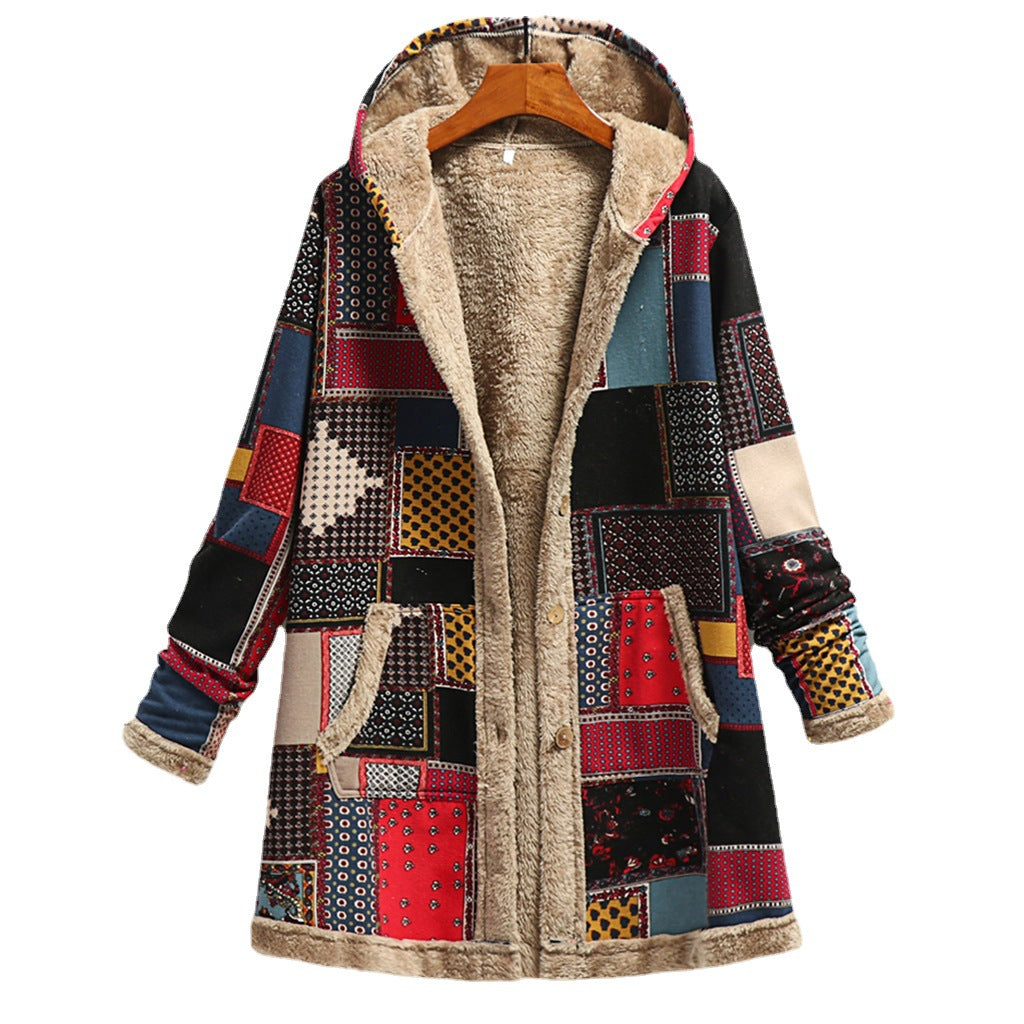 Women's Cozy Hooded Coat with Relaxed Fit and Patchwork Design - 3 - London-stylehouse.com