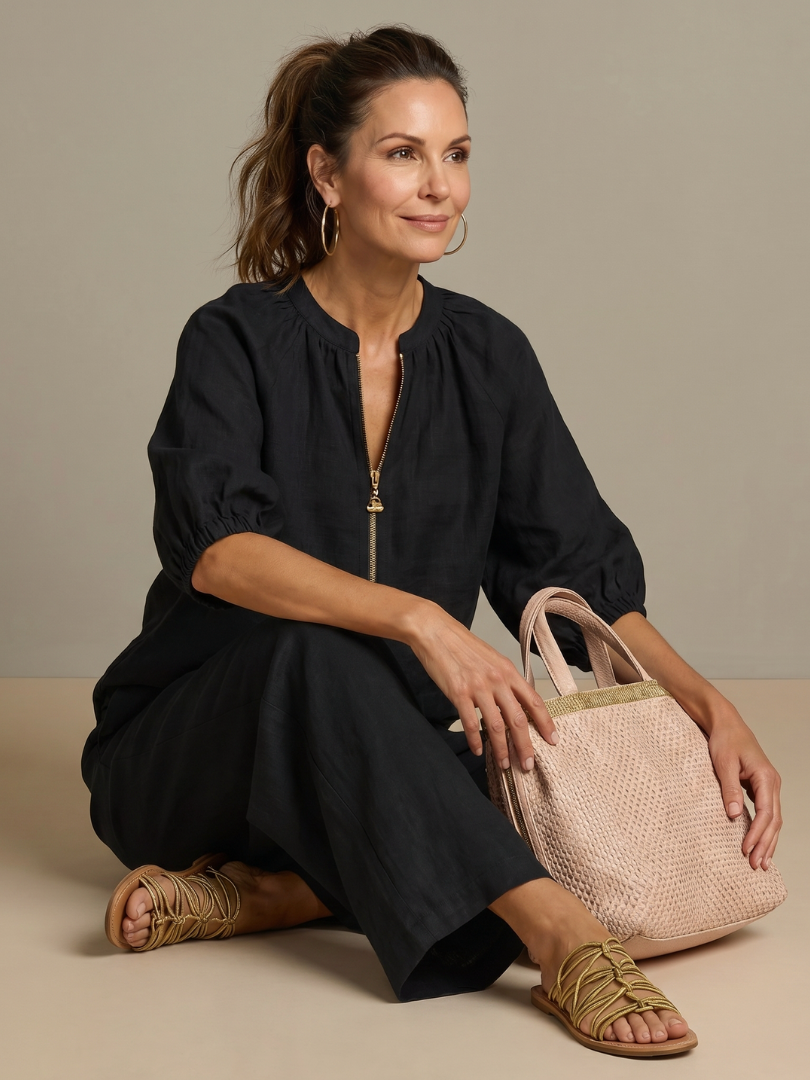 Two-piece set for women in a relaxed fit with puff sleeves and trousers - J&B; - 19 - London-stylehouse.com