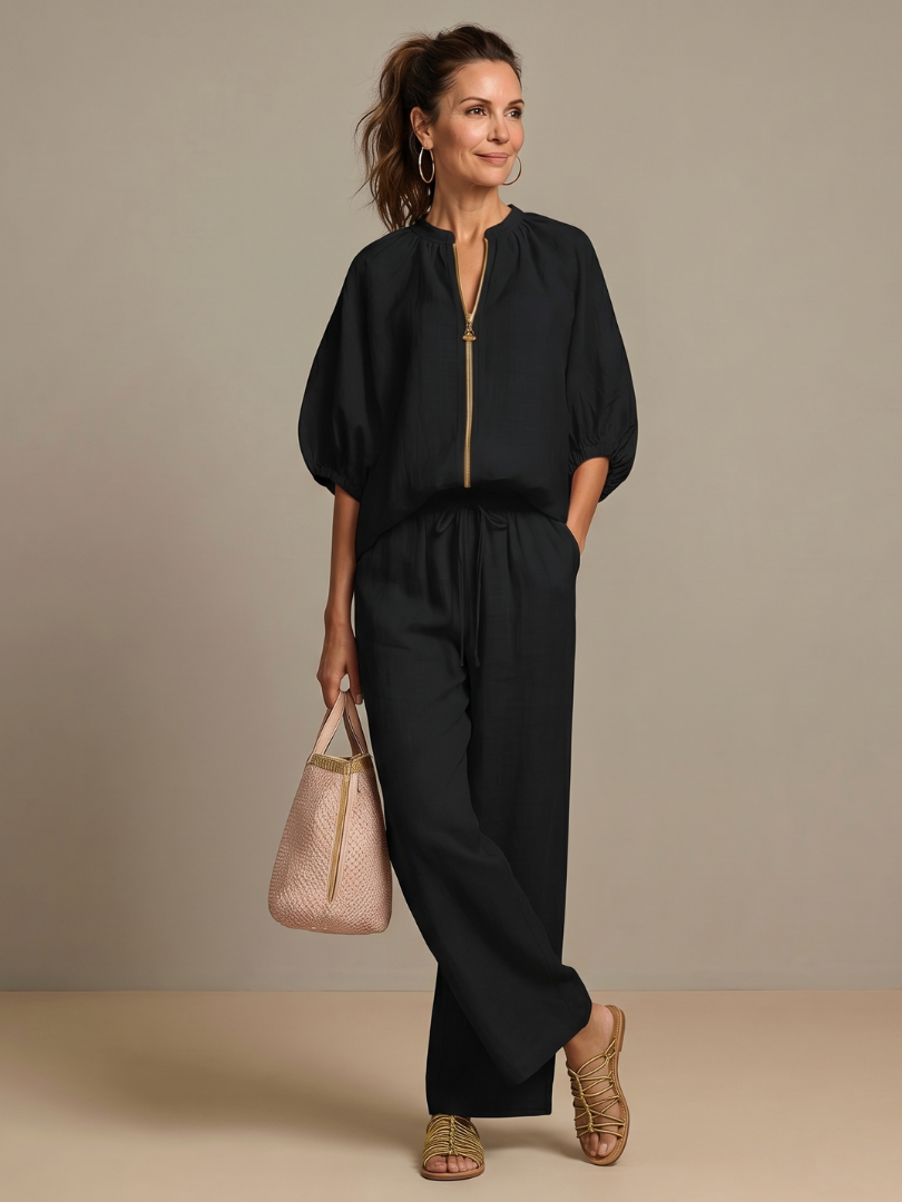 Two-piece set for women in a relaxed fit with puff sleeves and trousers - J&B; - 18 - London-stylehouse.com