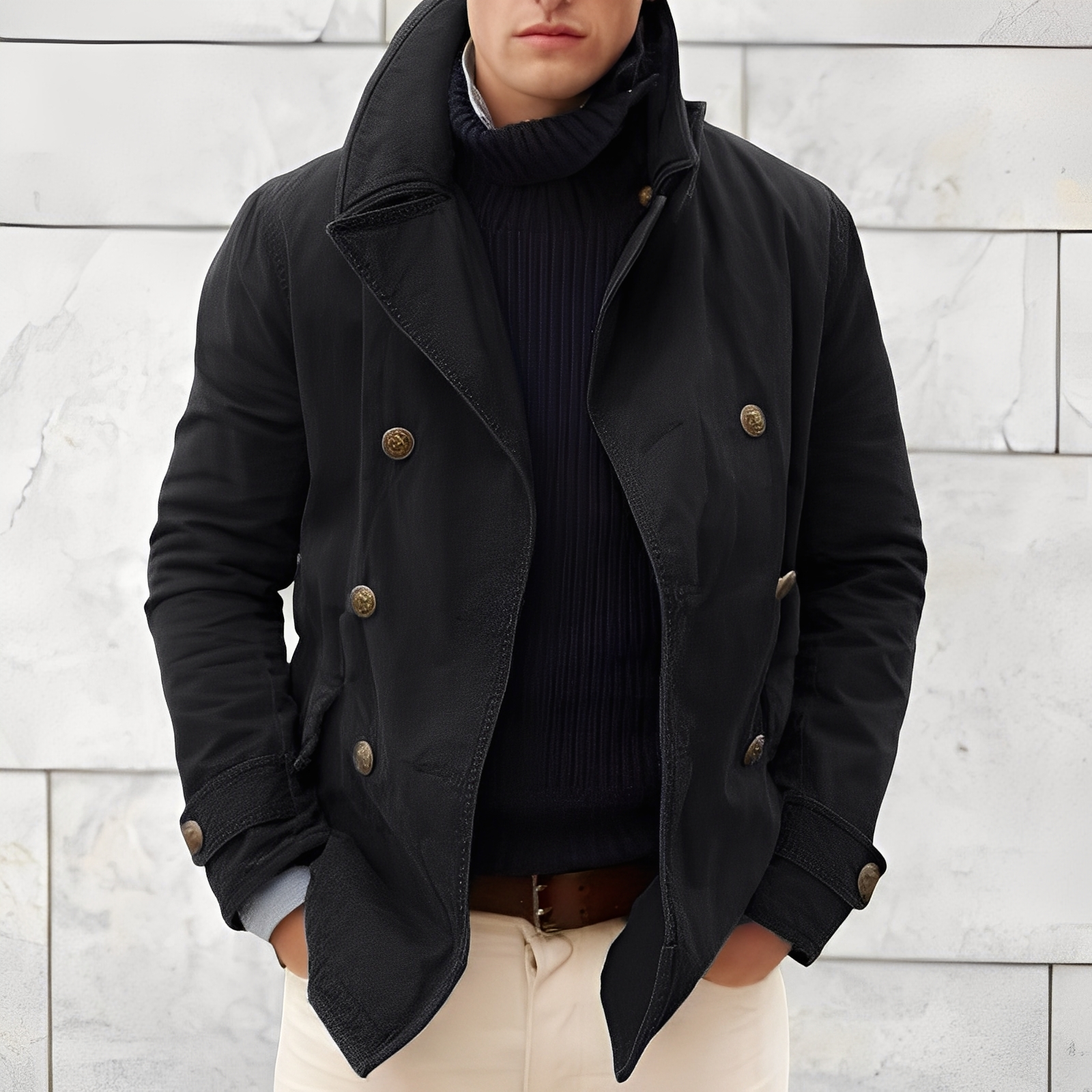 James double-breasted winter peacoat in black