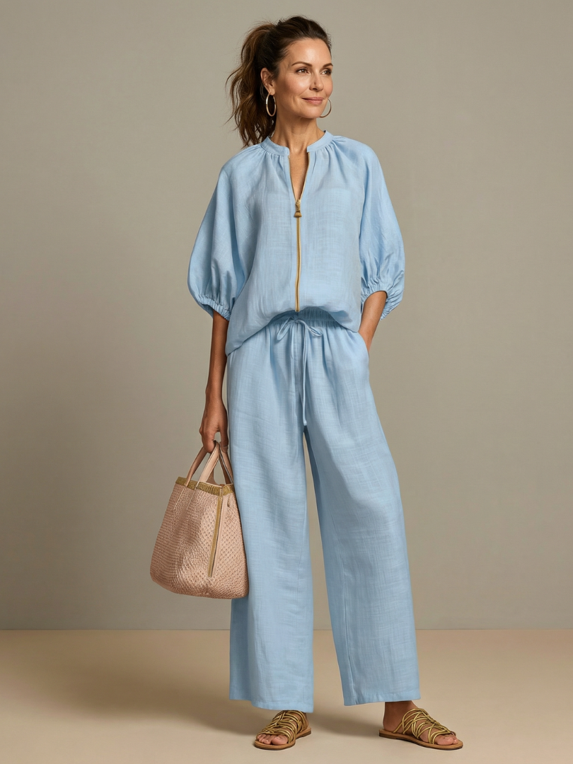Two-piece set for women in a relaxed fit with puff sleeves and trousers - J&B; - 1 - London-stylehouse.com