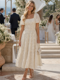 Women’s midi dress with a square neckline, puff sleeves and a floral pattern - J&B; - 1 - London-stylehouse.com