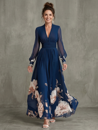 Women’s evening dress with a flowing silhouette and a V-neck - J&B; - 1 - London-stylehouse.com
