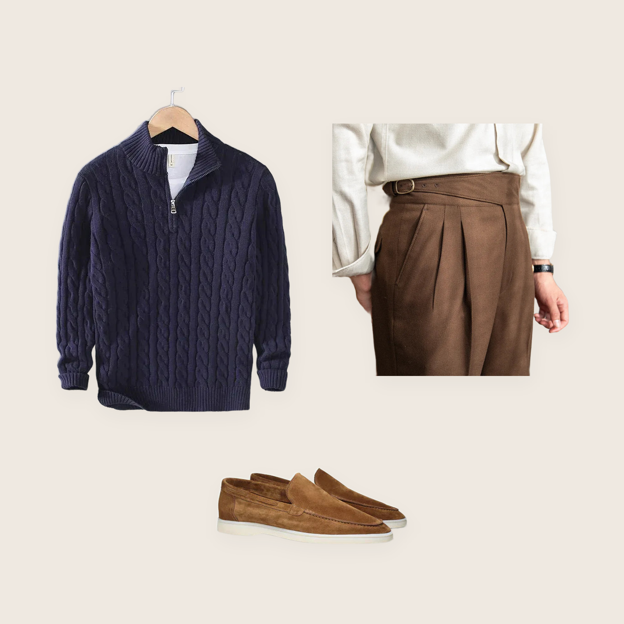 The Mayfair 3 piece set: navy cable-knit sweater with zip collar, coffee pleated trousers and light brown suede loafers