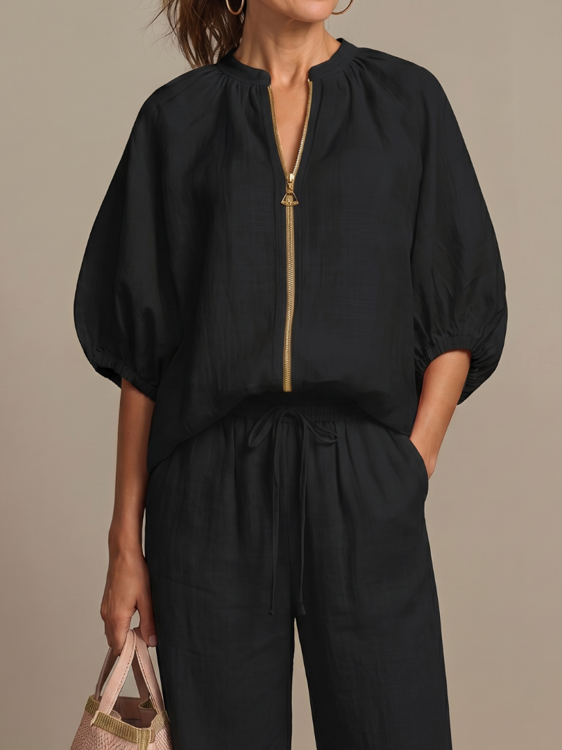 Two-piece set for women in a relaxed fit with puff sleeves and trousers - J&B; - 21 - London-stylehouse.com