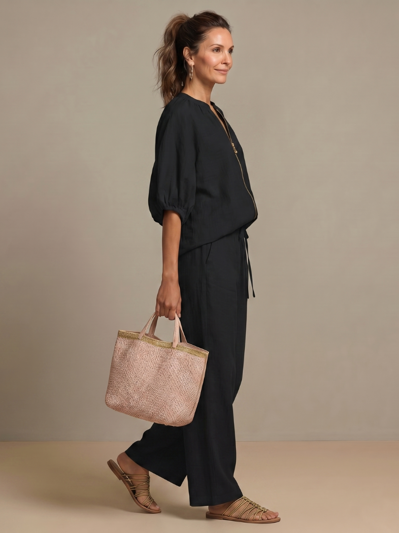 Two-piece set for women in a relaxed fit with puff sleeves and trousers - J&B; - 20 - London-stylehouse.com