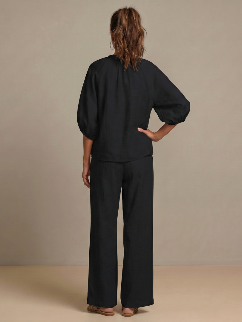 Two-piece set for women in a relaxed fit with puff sleeves and trousers - J&B; - 22 - London-stylehouse.com