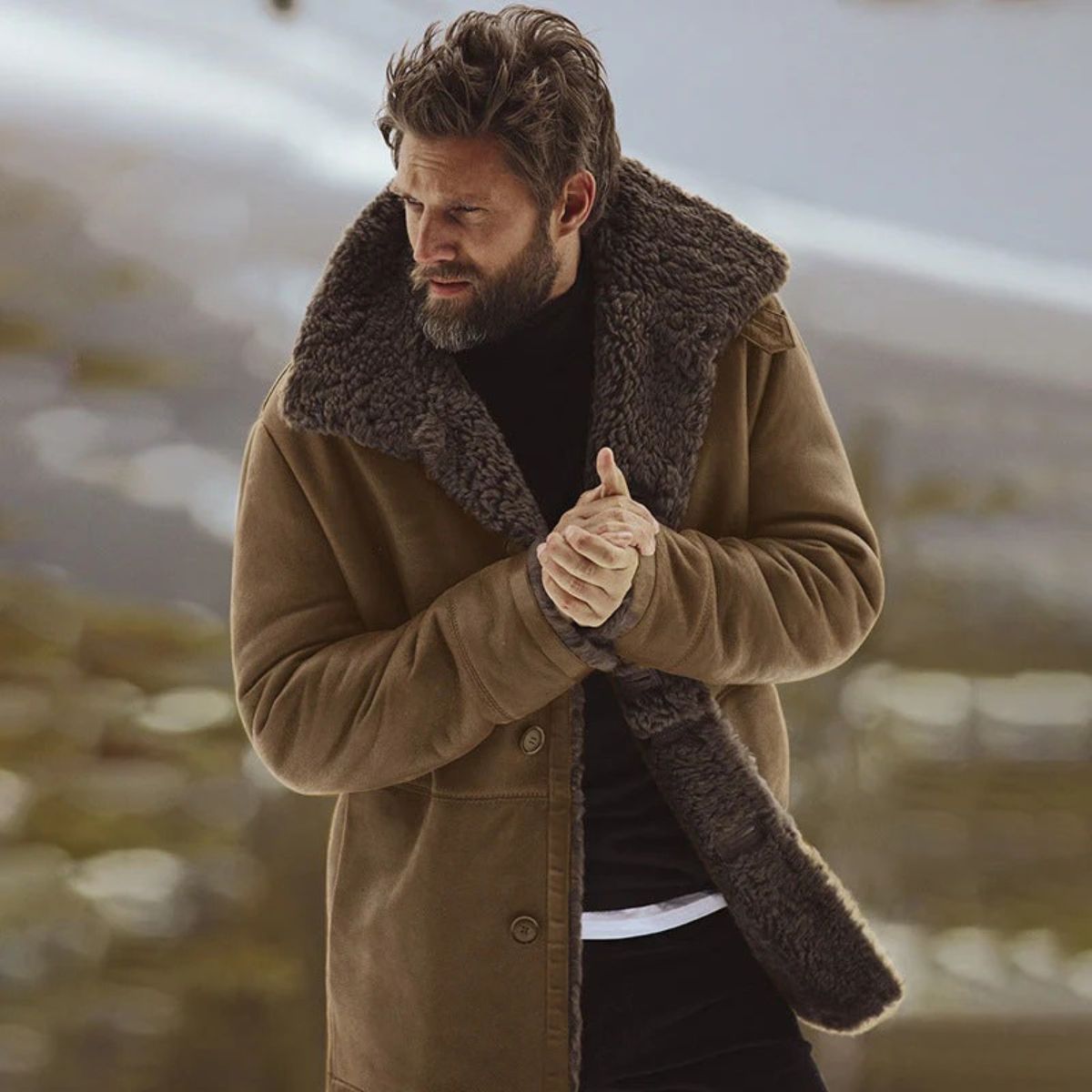 Hugo shearling-collar men's winter coat in brown