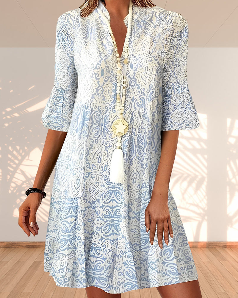 Verena – Women Boho V-Neck 3/4 Sleeve Dress - Image 1