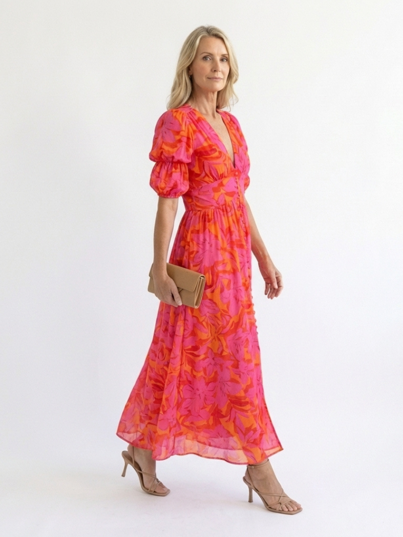 Karin – Elegant Floral V Neck Puff Dress for Women - Image 3