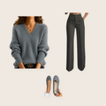 The Belgravia 3 piece set: grey V-neck jumper, dark grey wide-leg trousers and grey slip-on flats