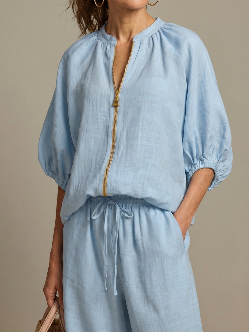 Two-piece set for women in a relaxed fit with puff sleeves and trousers - J&B; - 3 - London-stylehouse.com