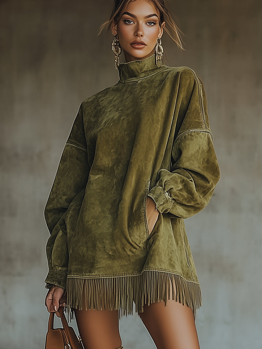 Freya – High-Neck Fringed Oversized Tunic Dress for Women