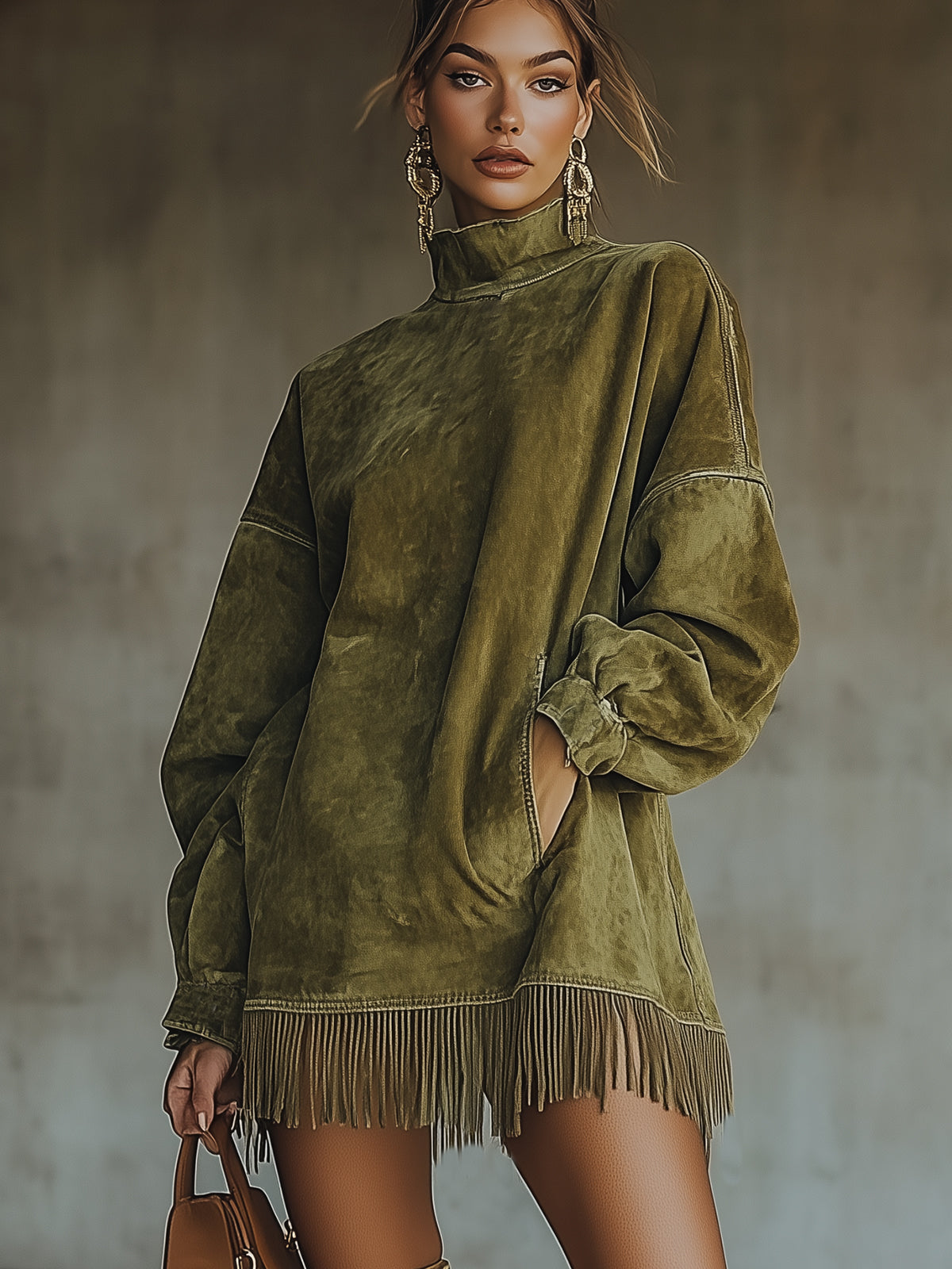 Freya – High-Neck Fringed Oversized Tunic Dress for Women