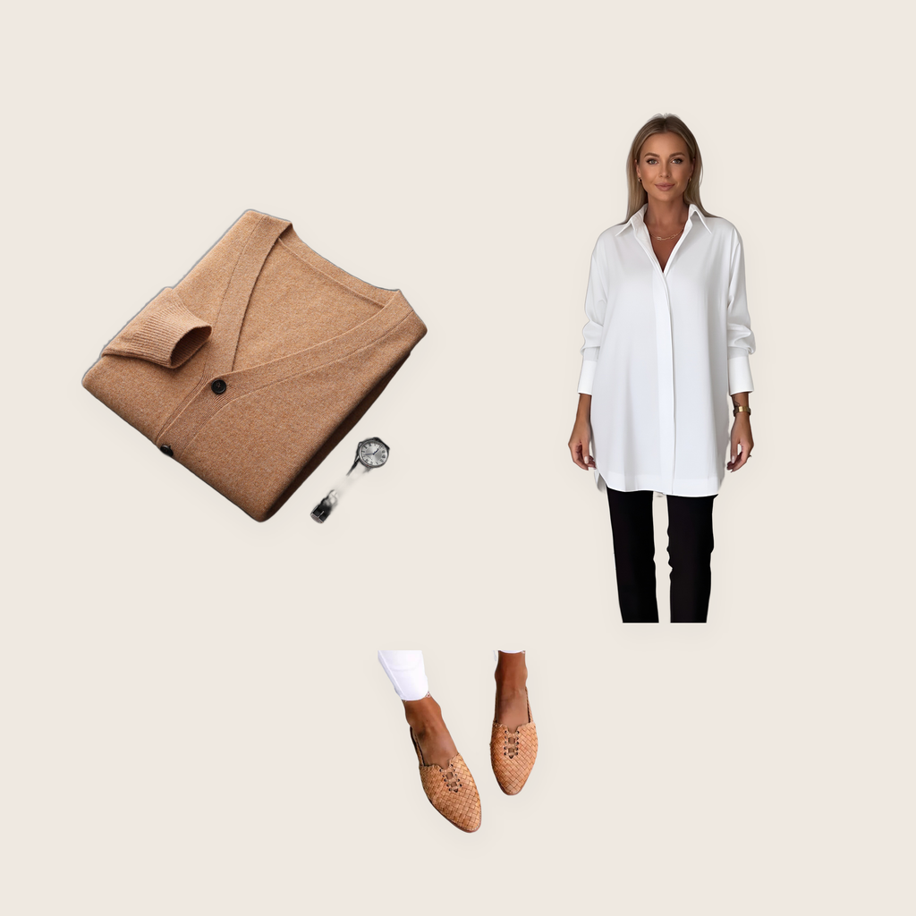 The Bloomsbury 3 piece set: camel button-front cardigan, white oversized cotton shirt and brown woven loafers
