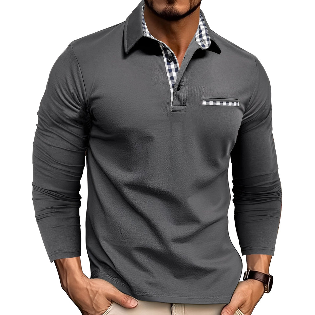 Mason check-trim smart casual long-sleeve polo in gray