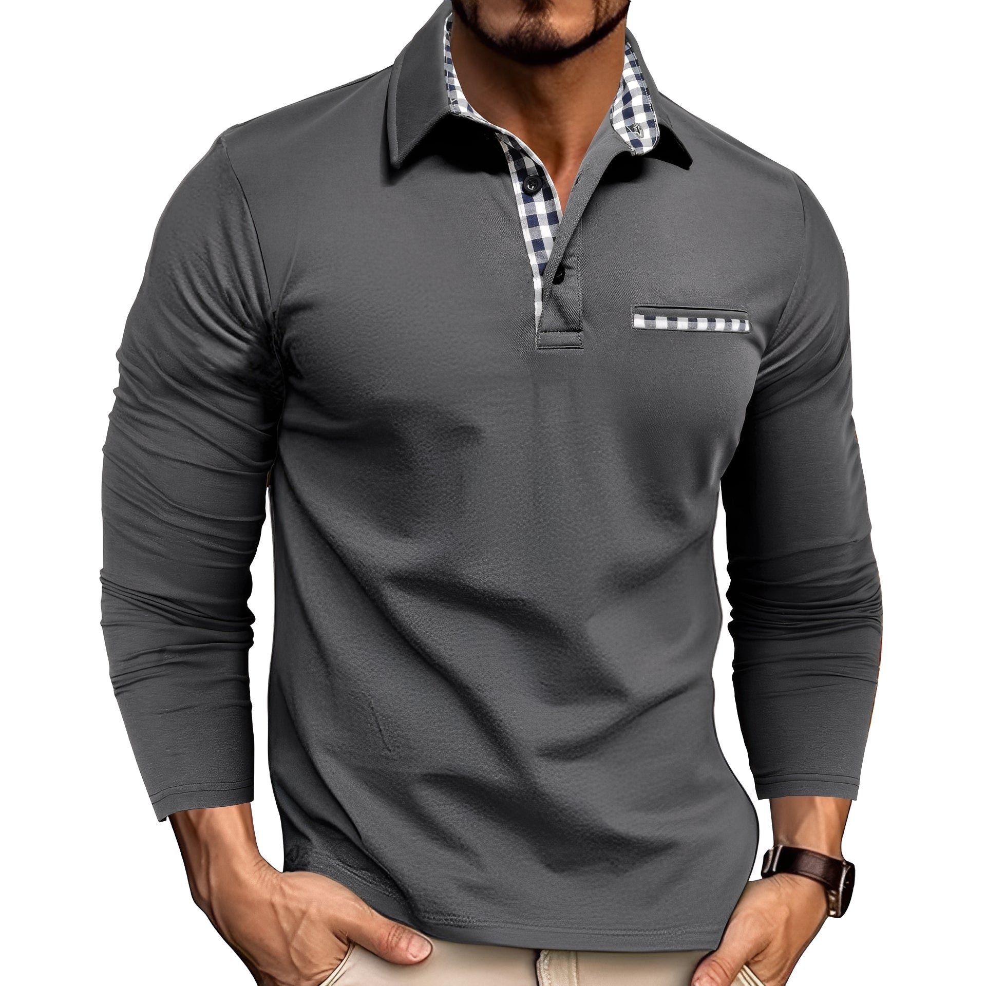 Mason check-trim smart casual long-sleeve polo in gray