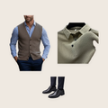 The Hackney 3 piece set: brown knit buttoned waistcoat, beige textured button-up shirt and black lace-up shoes