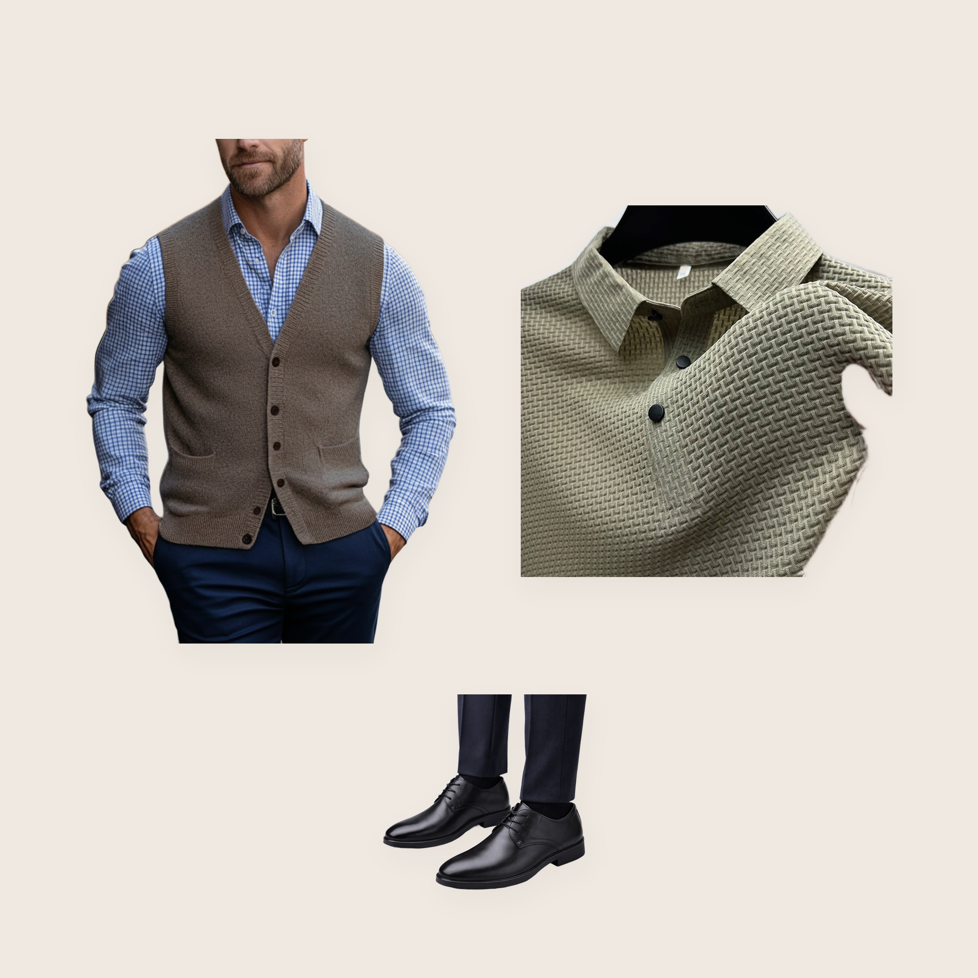 The Hackney 3 piece set: brown knit buttoned waistcoat, beige textured button-up shirt and black lace-up shoes