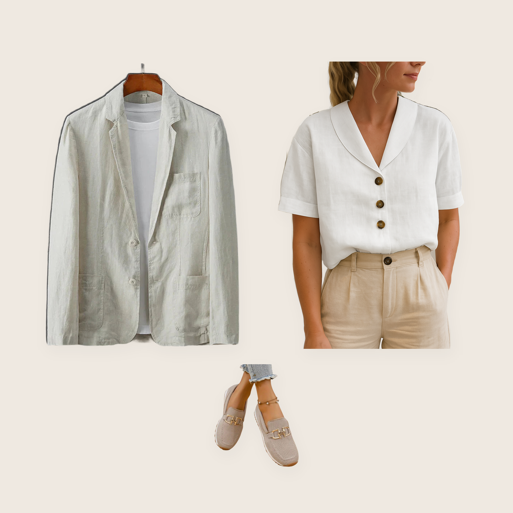 The Pimlico 3 piece set: beige summer blazer, white cotton and linen t-shirt and beige slip-on loafers