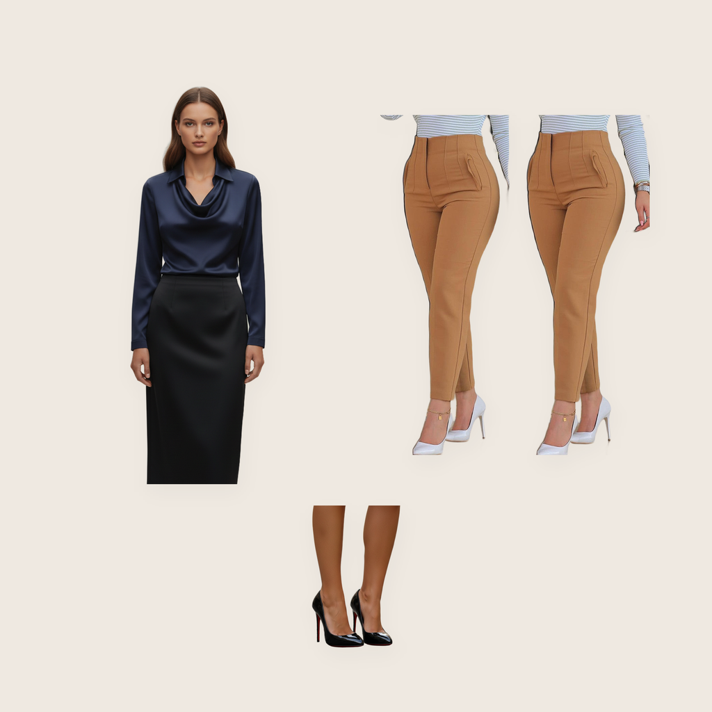 The Barbican 3 piece set: navy satin blouse, brown high waist trousers and black leather-look high heels