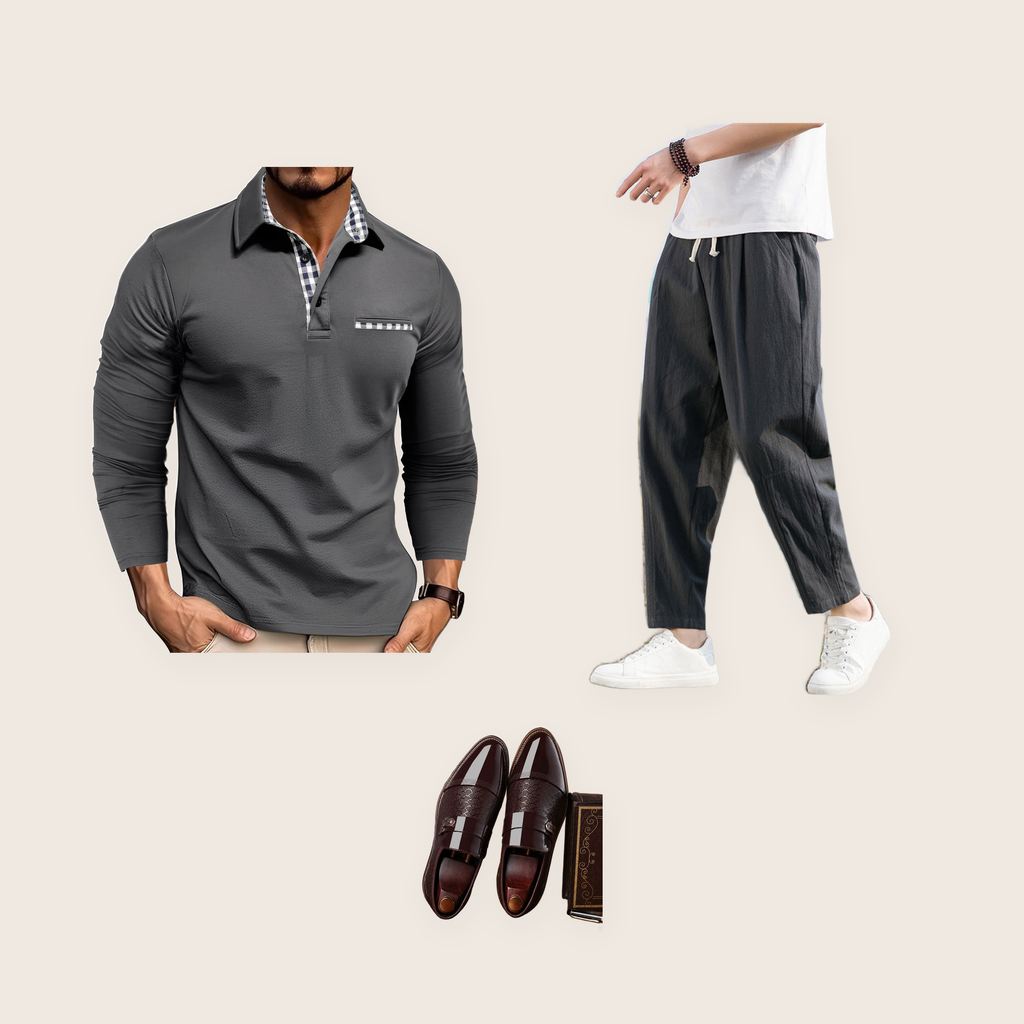 The Bermondsey 3 piece set: grey check-trim long-sleeve polo, dark grey trousers and brown formal shoes
