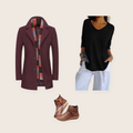 The Highgate 3 piece set: wine red fitted coat with draped collar, black V-neck jumper and brown ankle boots