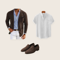The Savile 3 piece set: brown double-breasted jacket, white linen shirt and brown penny loafers