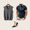 The Cheapside 3 piece set: grey V-neck waistcoat, navy contrast-trim polo shirt and black buckle loafers