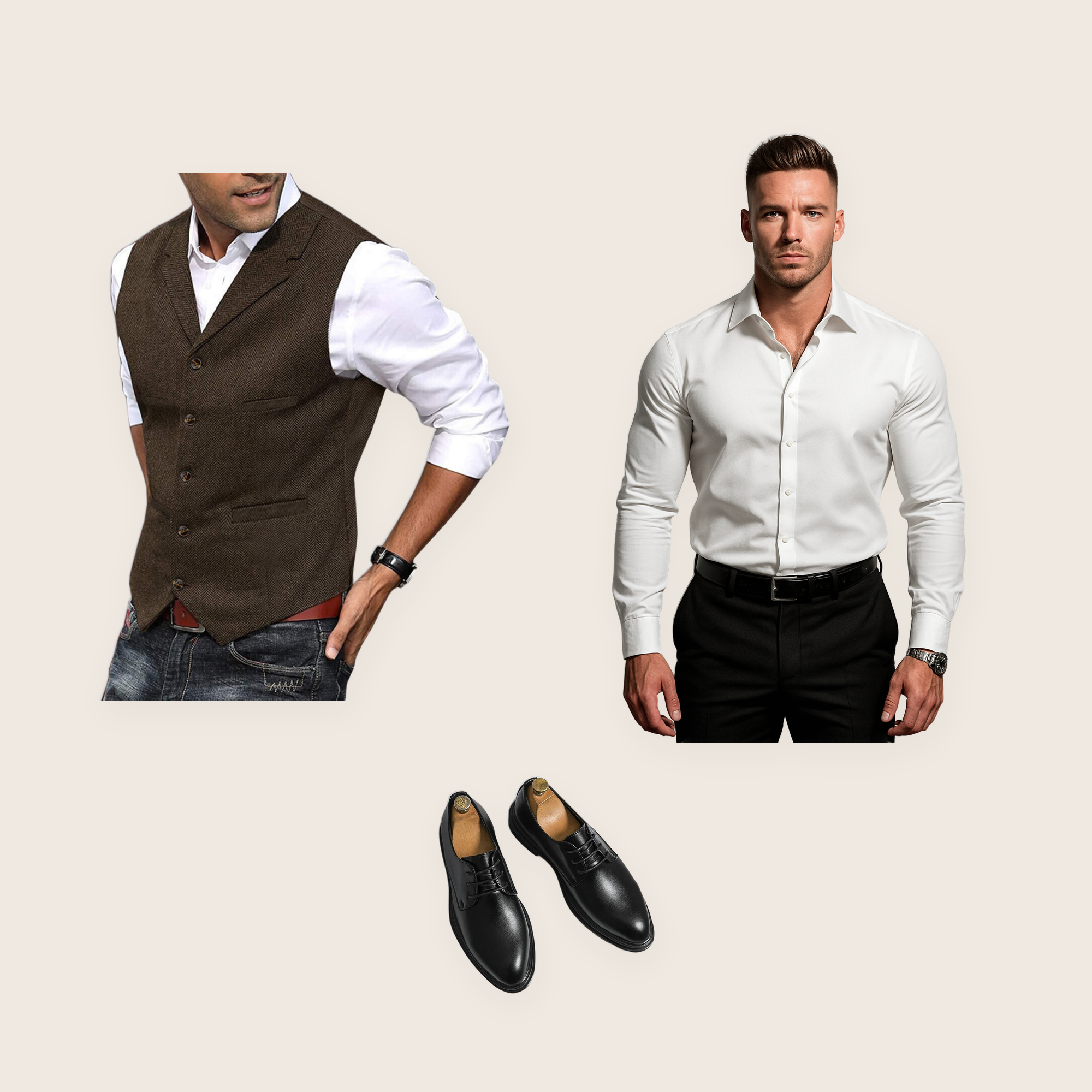 The Chancery 3 piece set: coffee brown tailored waistcoat, white dress shirt and matt black Derby shoes