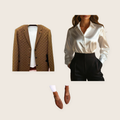 The Fitzrovia 3 piece set: brown textured blazer, white satin blouse and dark brown woven slip-on shoes