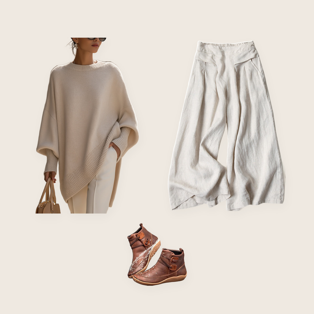 The Richmond 3 piece set: beige relaxed knit poncho jumper, beige wide-leg trousers and brown ankle boots