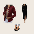 The Primrose 3 piece set: burgundy gold-button tailored blazer, black button-detail skirt and black heels