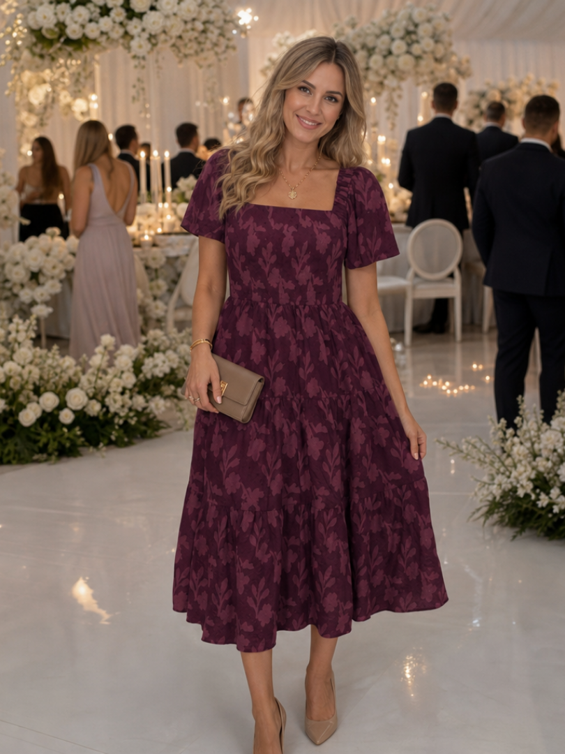 Women’s midi dress with a square neckline, puff sleeves and a floral pattern - J&B; - 8 - London-stylehouse.com