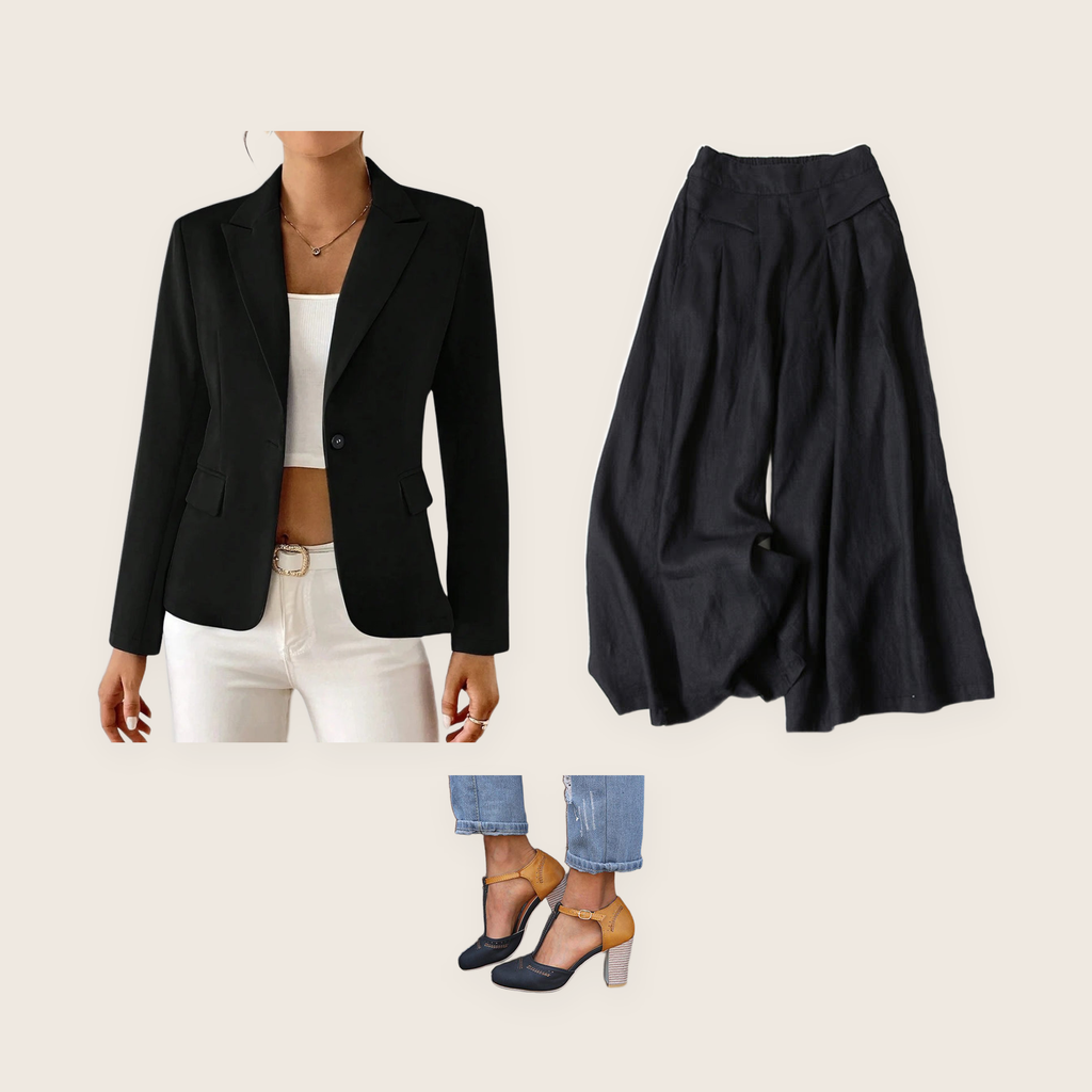 The Southbank 3 piece set: black tailored-fit blazer with a drop collar, black wide-leg trousers and black Mary Jane heels