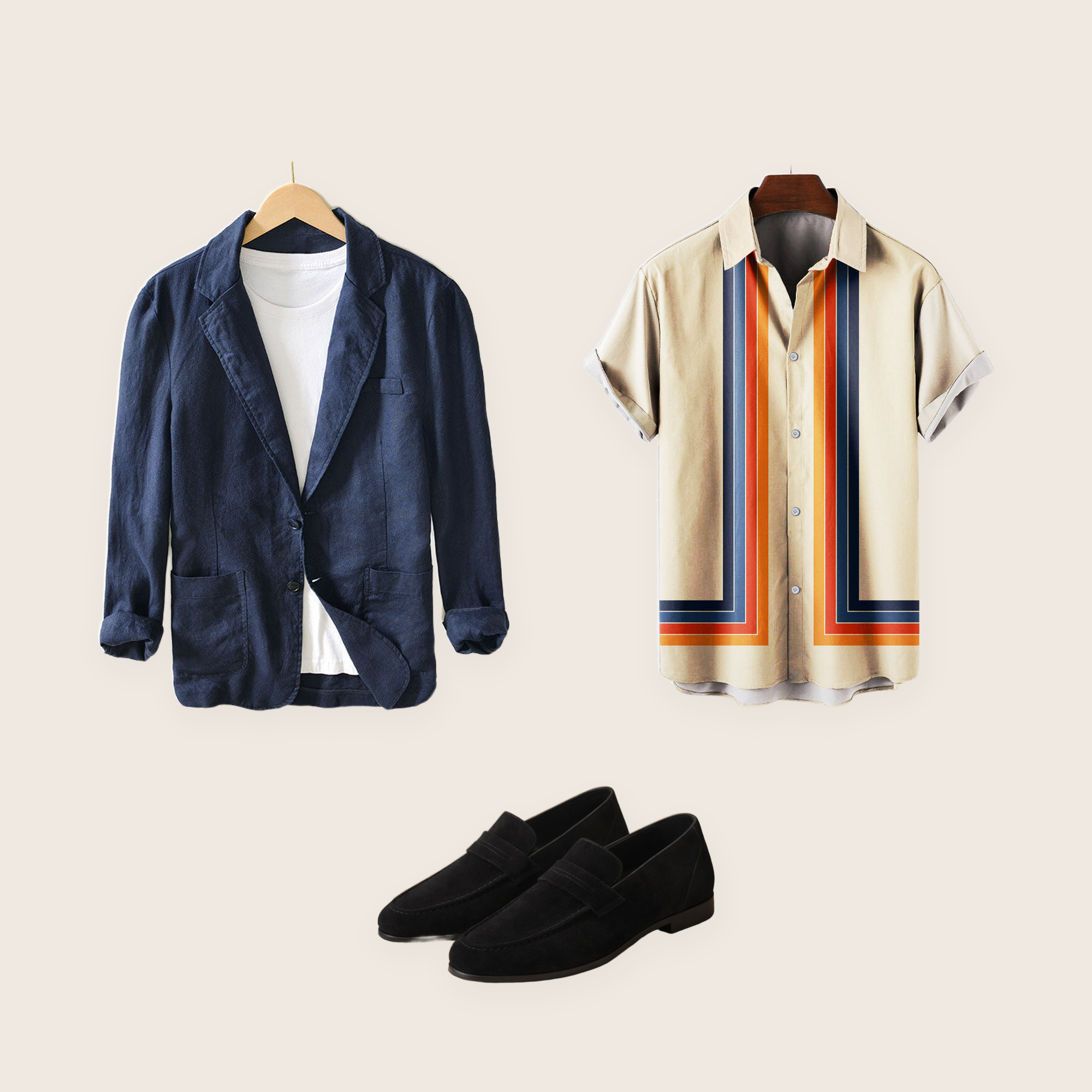 The Whitehall 3 piece set: dark blue Tuscan blazer, beige short-sleeved shirt and black penny loafers
