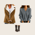The Kew 3 piece set: khaki plush-lined winter jacket, grey V-neck jumper and dark brown cowboy boots