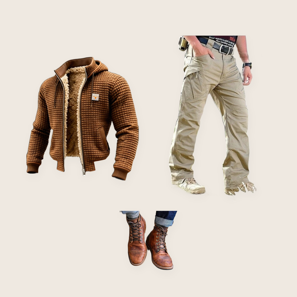 The Wapping 3 piece set: brown sherpa-lined quilted zip hoodie, khaki cargo trousers and brown lace-up boots