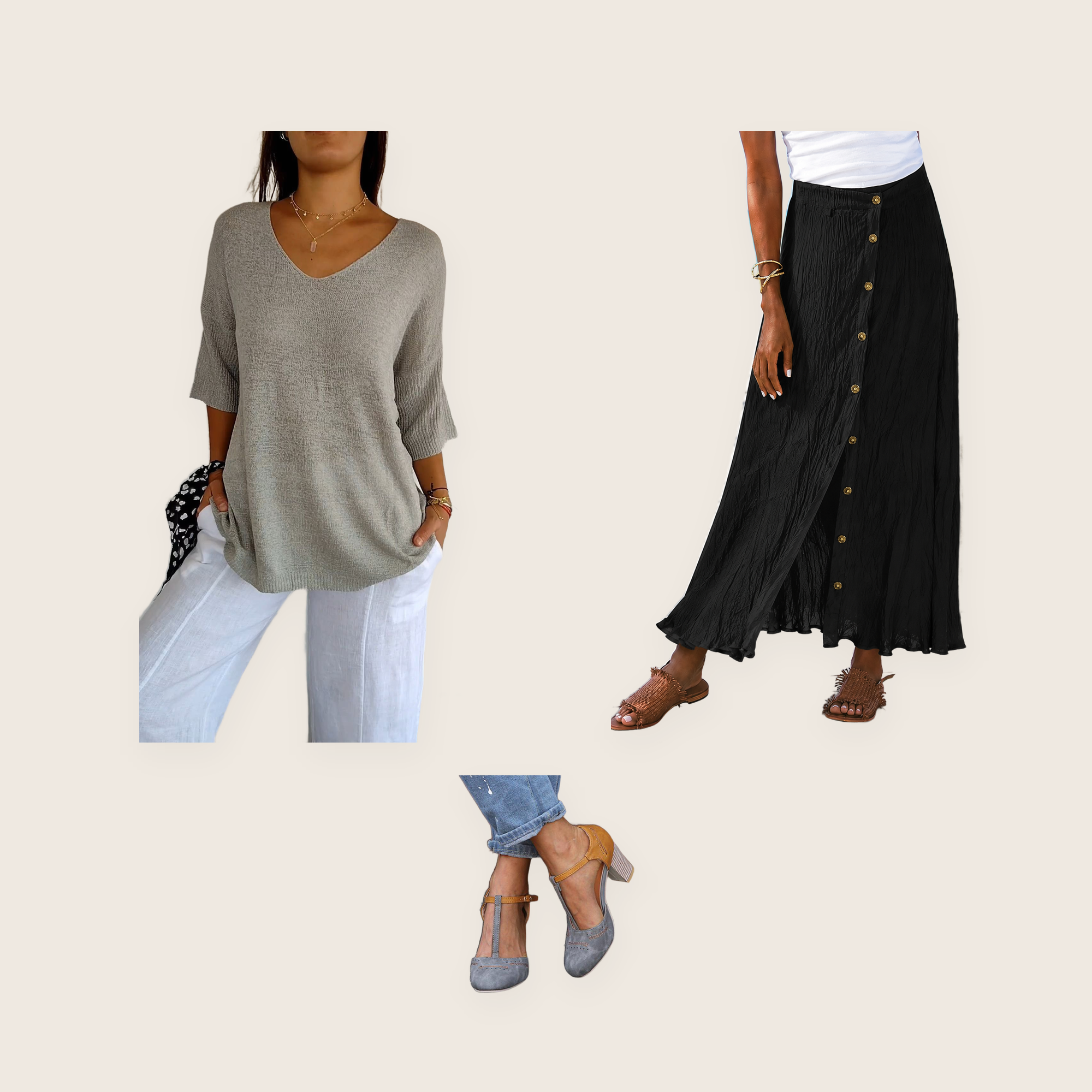 The Notting Hill 3 piece set: grey V-neck jumper, black high-waist skirt and grey Mary Jane heels