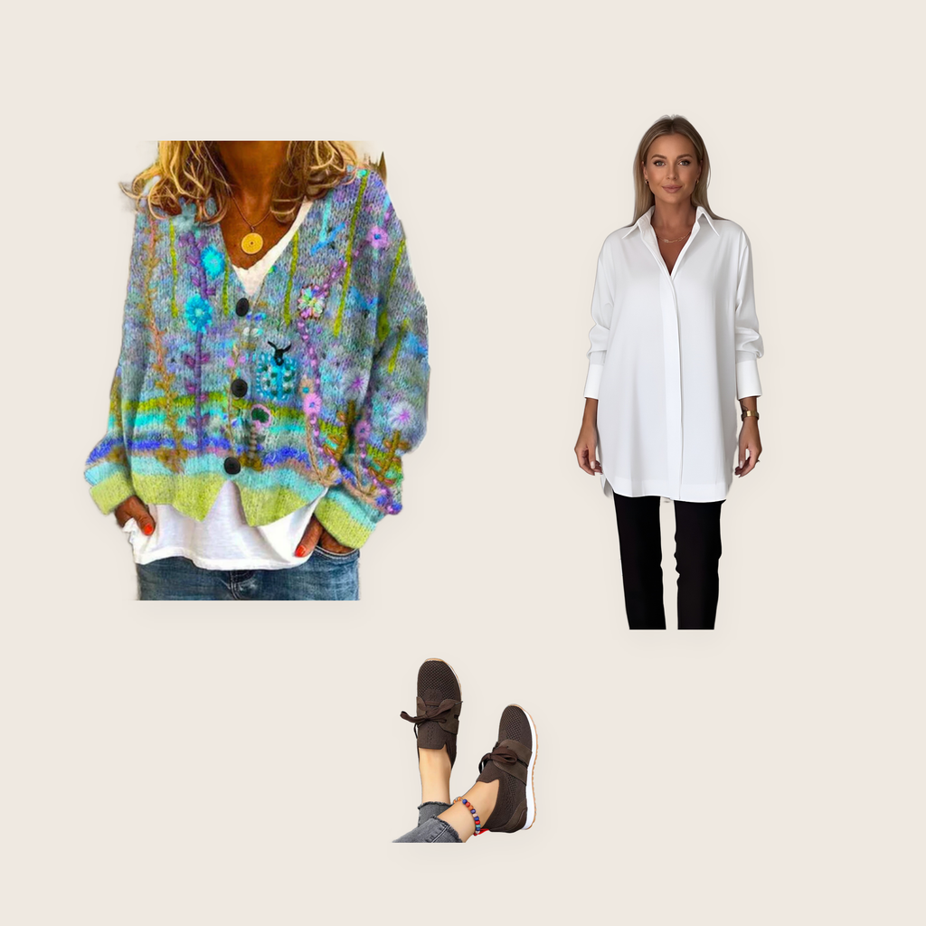 The Holland 3 piece set: green button-front knit cardigan, white oversized cotton shirt and brown slip-on shoes