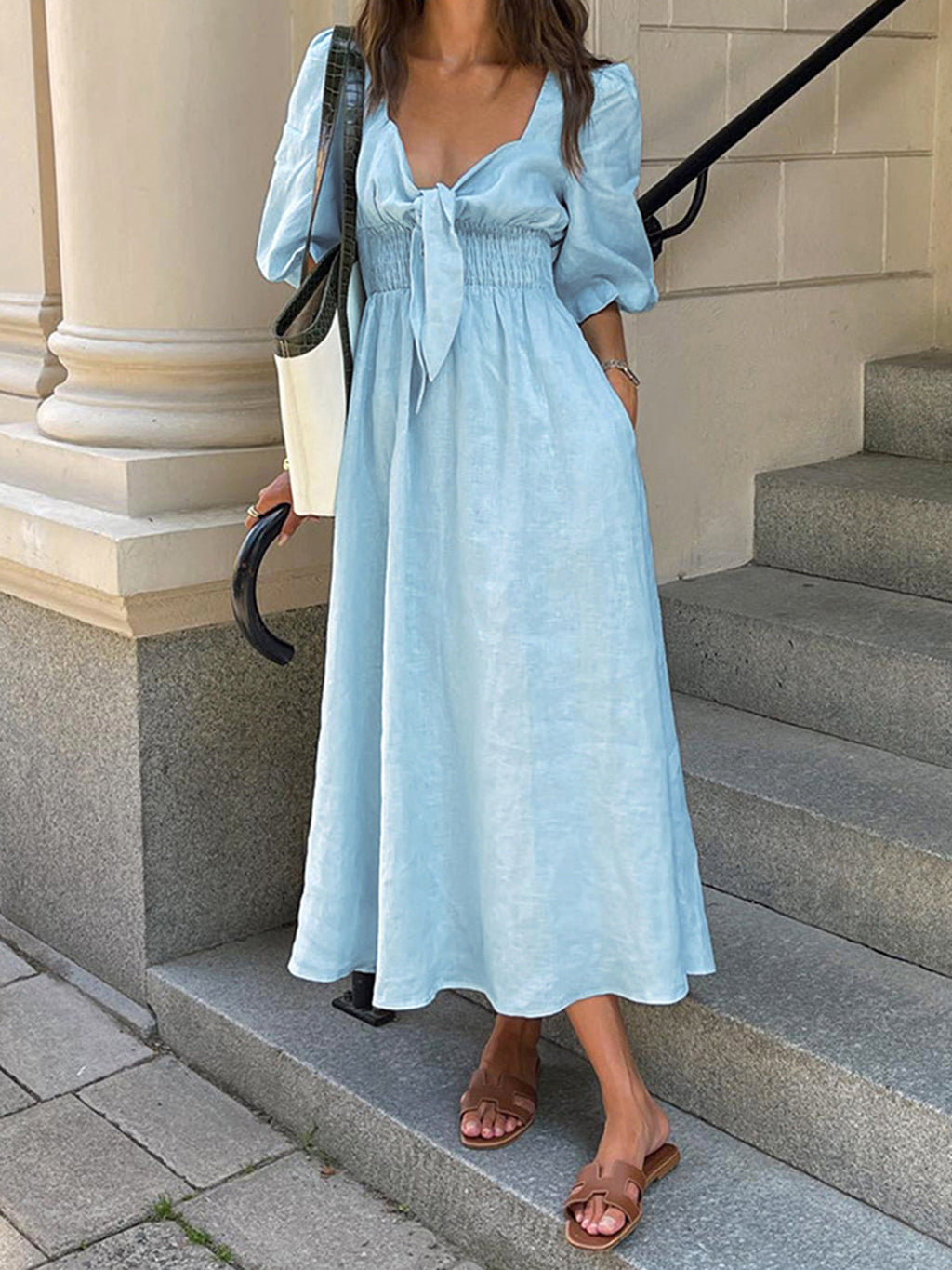 Mia – Linen Cotton Front Tie Midi Dress - Image 2