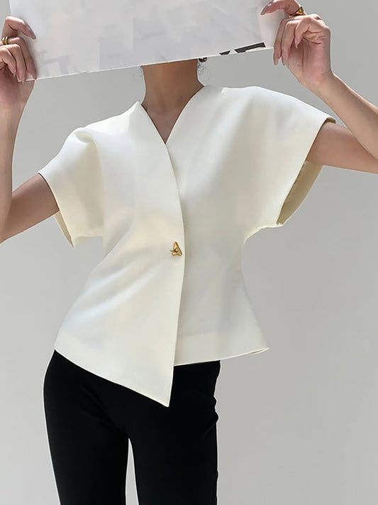 Lina | Structured short-sleeved blouse with asymmetrical fastening for women