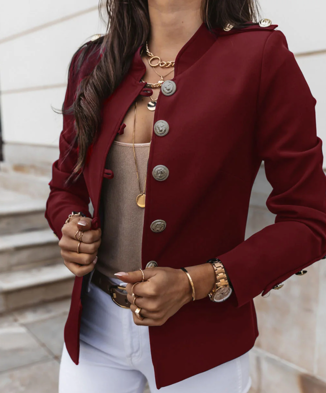 Tailored blazer with gold button detail in burgundy