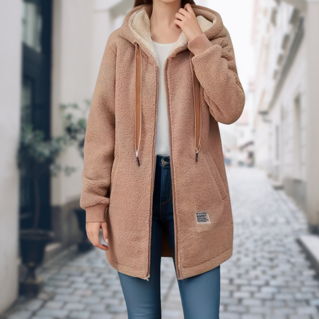 Sophie hooded teddy fleece longline jacket in khaki