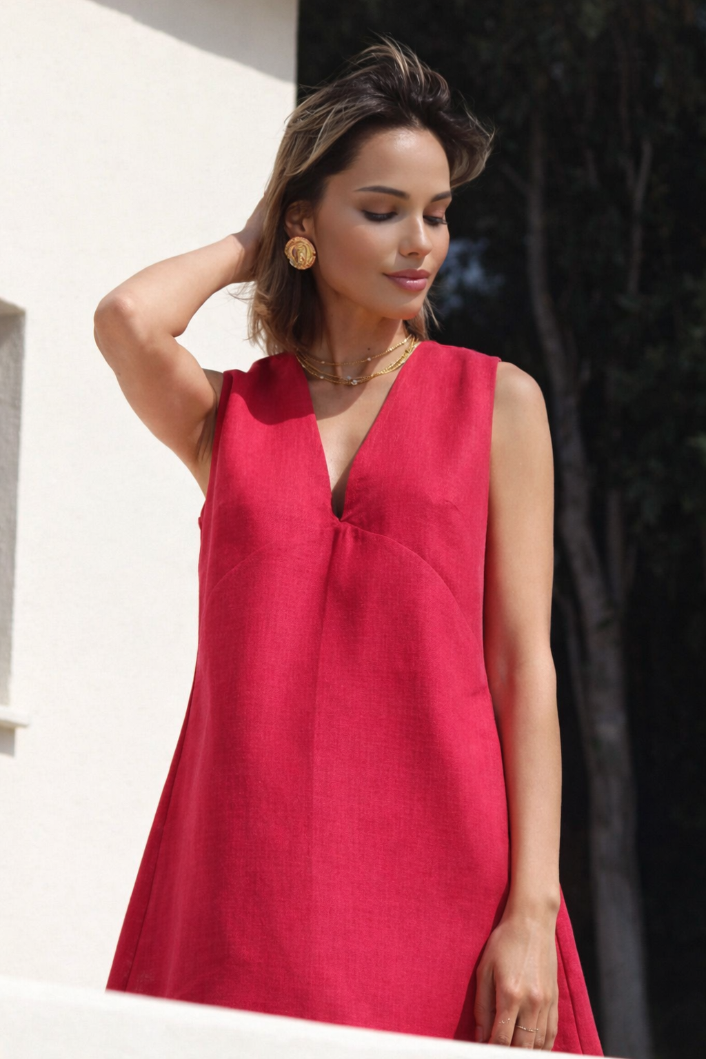 Lina – Cotton & Linen V-Neck Short Dress
