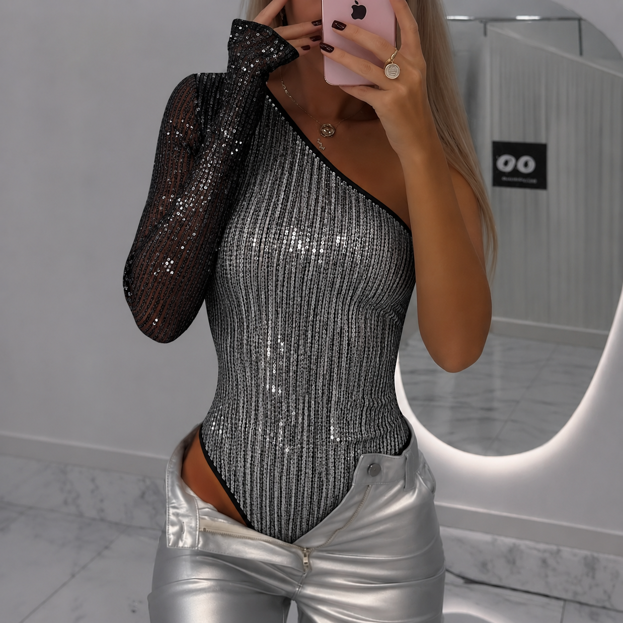 Monika – Asymmetric Sparkle One-Shoulder Bodysuit for Women