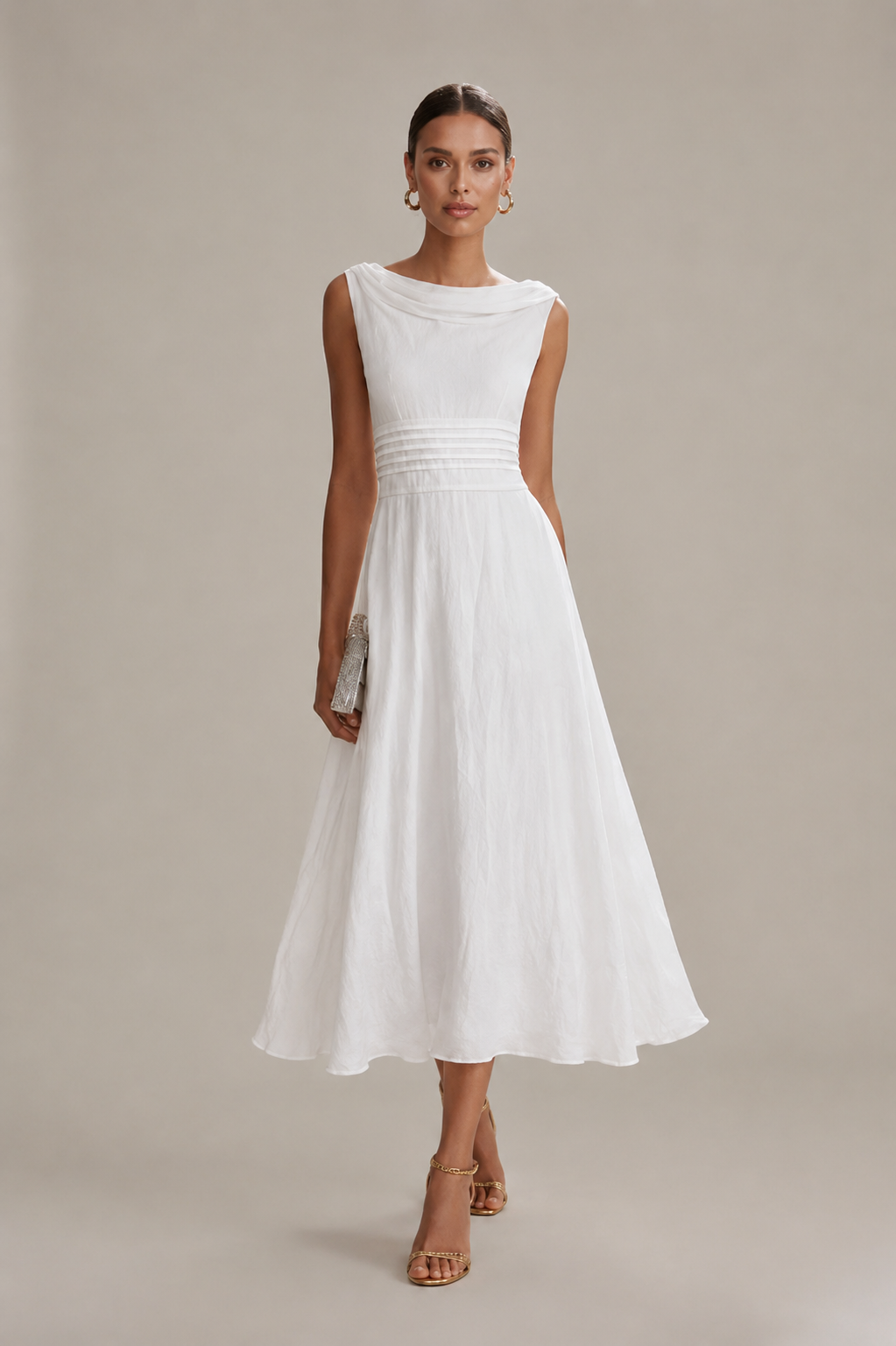 Mila – Sleeveless Draped Pleated Collar Dress