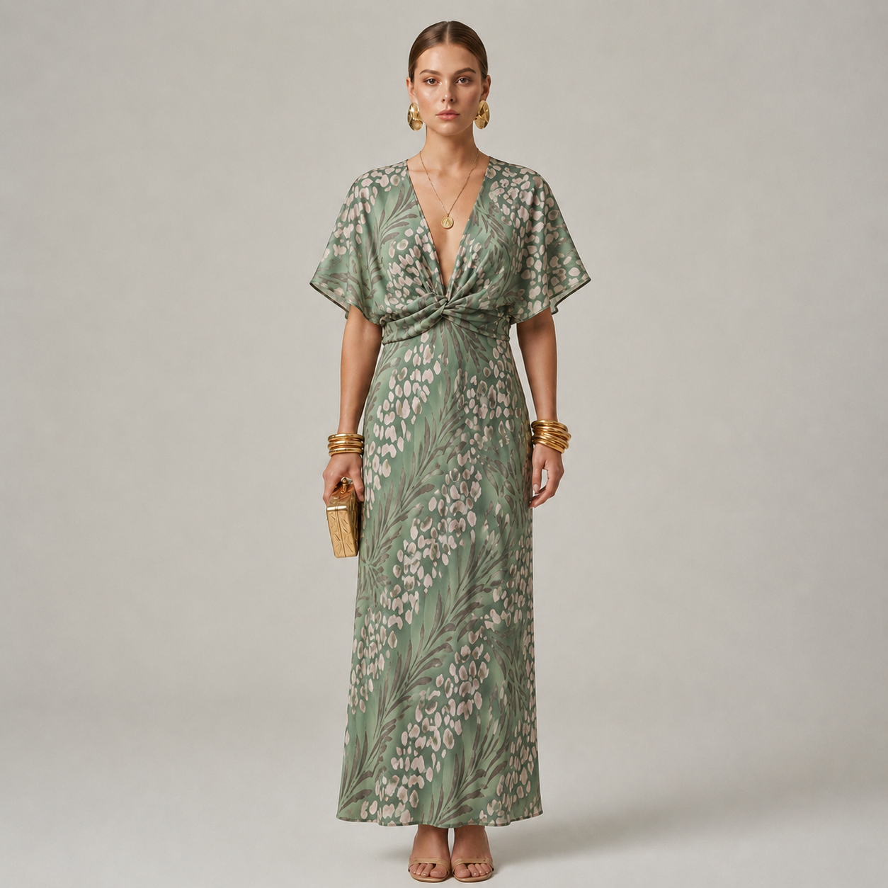 Renate – Elegant V-Neck Dress with Front Knot Short Sleeves for Women