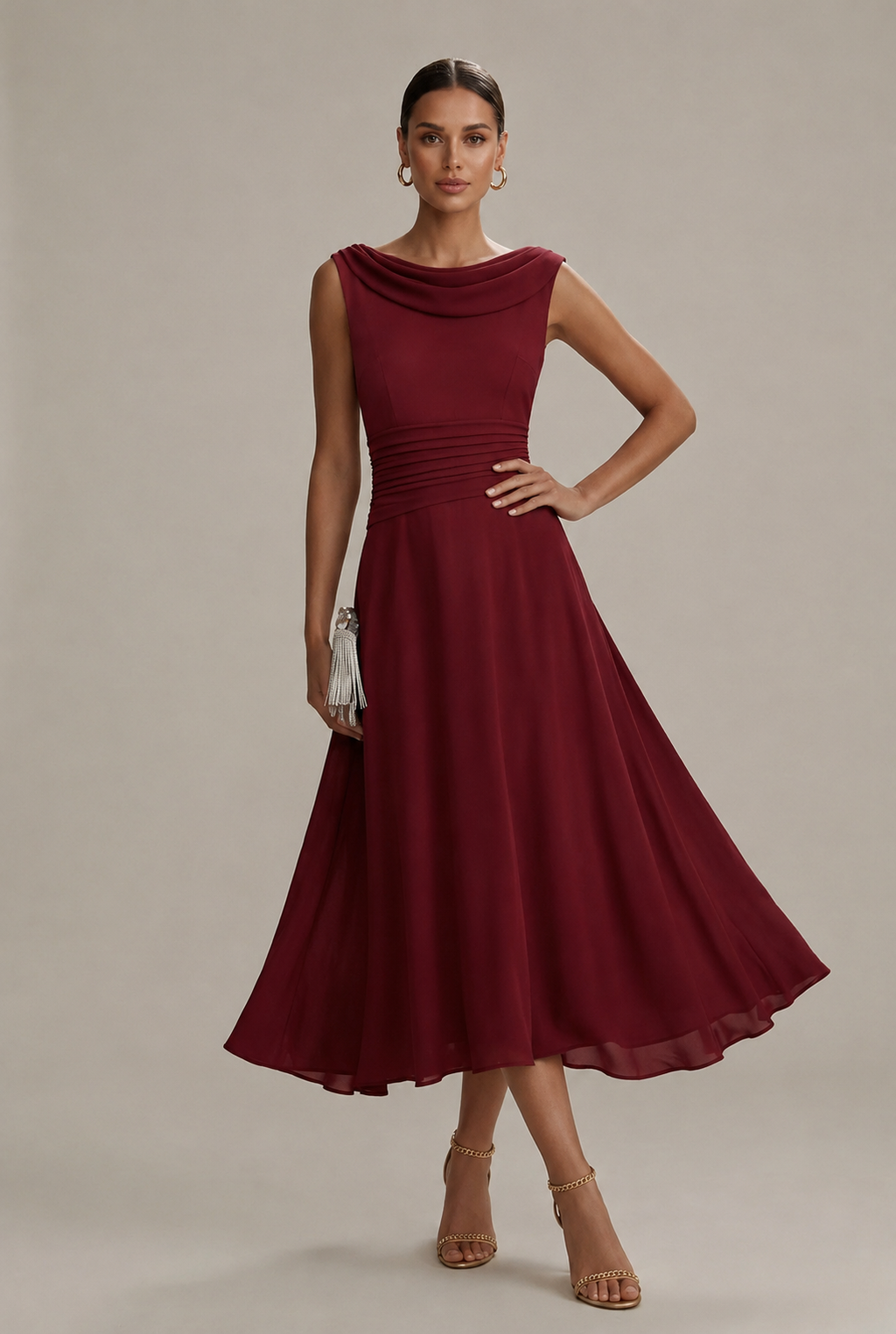 Mila – Sleeveless Draped Pleated Collar Dress